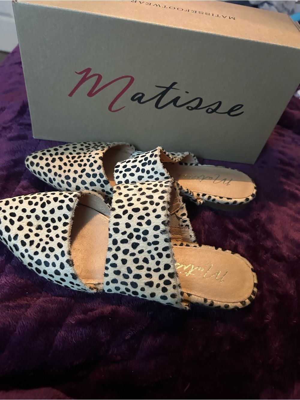 Matisse Black and White Spotted Slide Mules